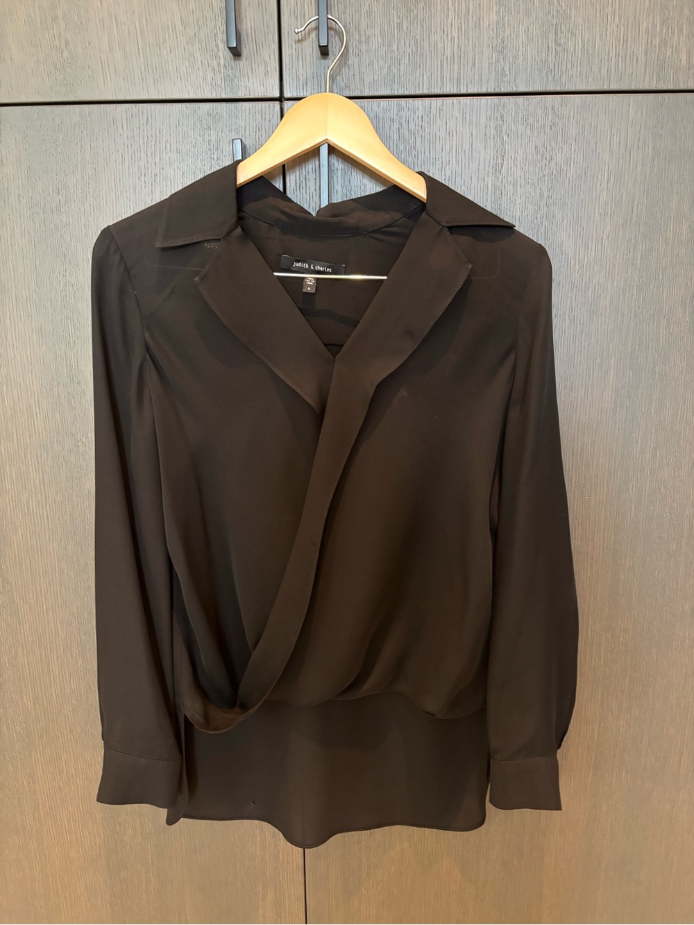 100% Silk Black Draped V-Neck Long-Sleeve Women's Top